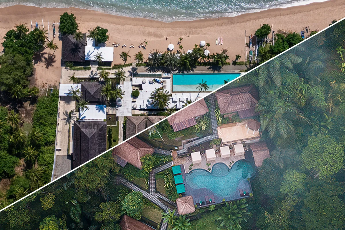 Aerial split view of Seven Secrets Lombok beachfront resort and Nandini Jungle by Hanging Gardens Bali surrounded by tropical jungle.